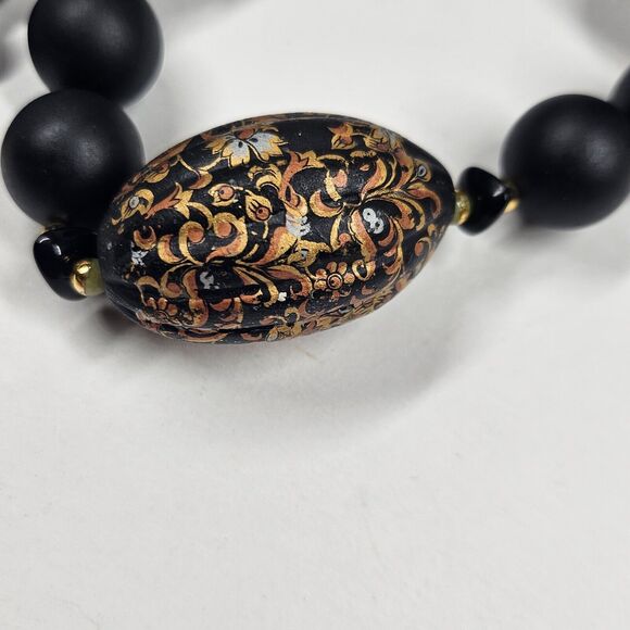 Clay Bead Necklace Matte Black Gold Handpainted Vintage Handmade - Picture 2 of 8